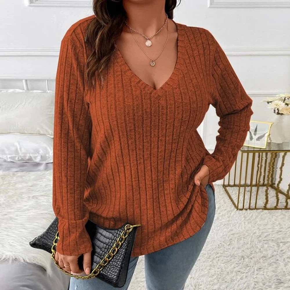 

5XL Plus Size Woman Clothing Long Sleeve T-shirt Casual Fashion V Neck Solid Colors Striped Knitted Tops Big Size Ladies Tops