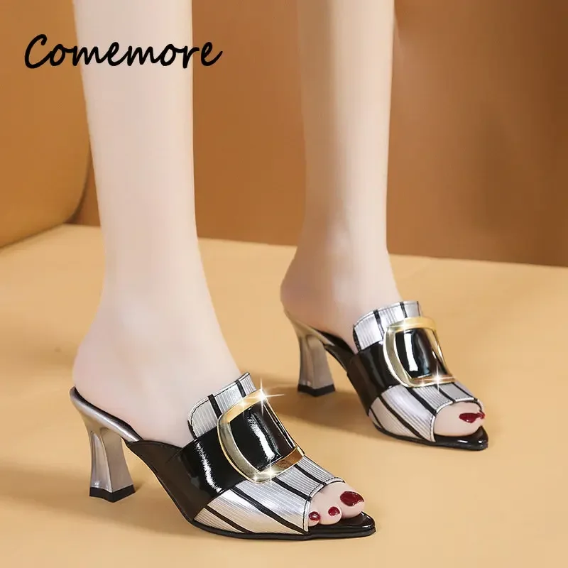 Comemore Female Shoes Womens Heeled Slippers Outdoor Luxury Slides Peep Toe Square Heel 2023 Designer Summer Slide Slipper Black