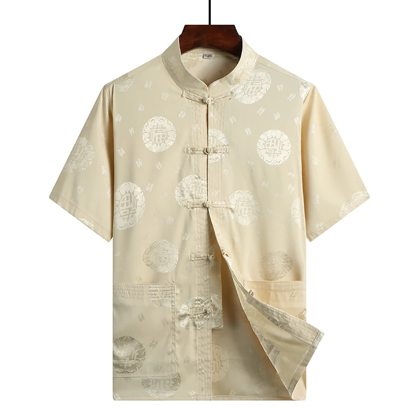 

Китайский костюм Sle Tang, мужской ort Sve irt, воротник-стойка, свободный крой, полиэфирное волокно, без глажки, летний срок службы