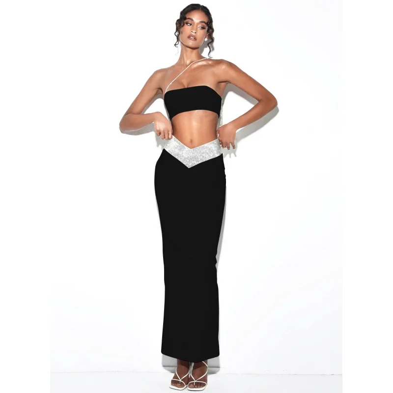 Cross-Border Summer Sexy Oblique Shoulder Strap Ultra-Short Tube Top V-Shaped Rhinestone Skirt Suit Hot Island Holiday Party Sui