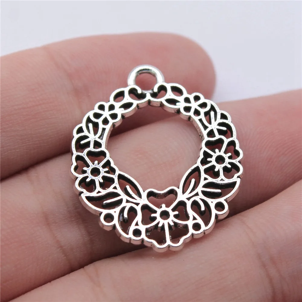 5pcs/lot 30x25mm Hollow Flower Wreath Charms For Jewelry Making Antique Silver Color 1.18x0.98inch