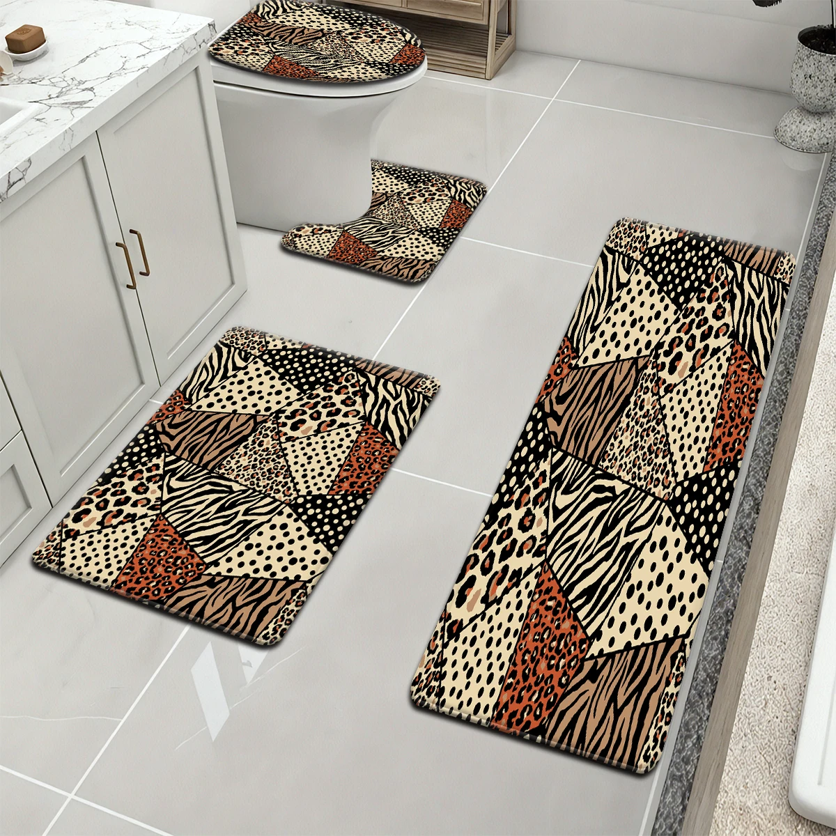 

1 Set of Brown Bathroom Water-absorbing and Non-slip Floor Mat Home Decorative Spot Patterns Printed ,Soft,Four-pieces