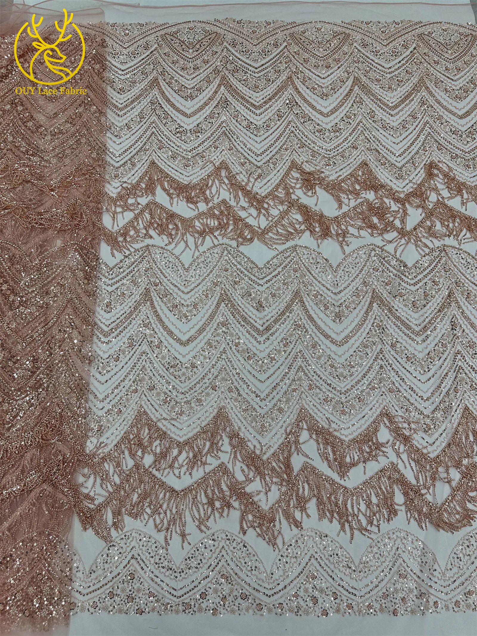Hochwertiger 3D-Quasten-Perlen-Spitzenstoff, goldfarbener afrikanischer Perlen-Pailletten-Spitzenstoff, französische Tüllspitze für Hochzeitskleider, 5 Yards – Detail 20