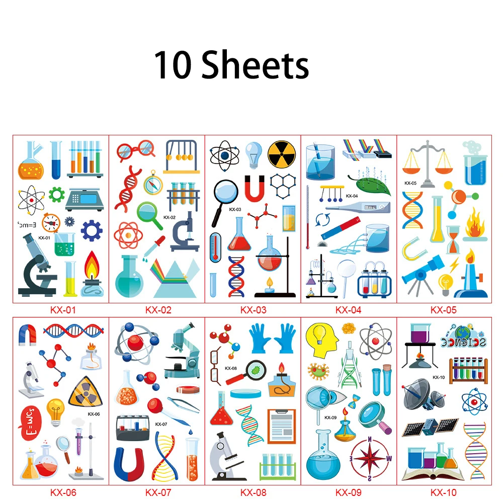 10 Sheets Science Experiment Temporary Tattoo DNA Chemical Scientist Face Body Sticker for Kids Birthday School Party Decoration