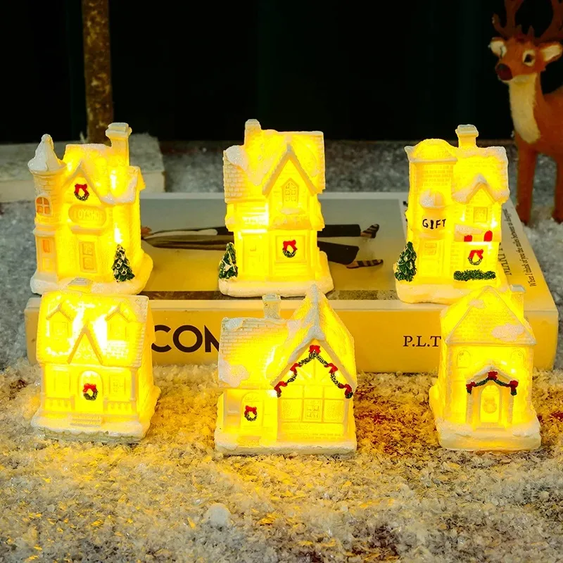 Christmas Light Up Village Houses Led Lights Christmas Village Scene Display Tiny Resin Fairy Figurines Accessories Miniature