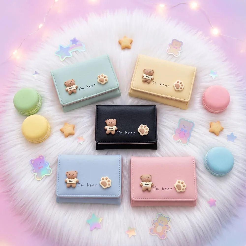Cute Bear Wallet Women Small Trifold Purse with Cartoon Bear Paw Decor Lightweight Card Holder for Girls Daily Use Pink Blue