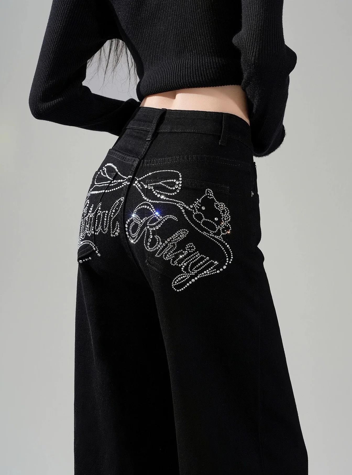 Y2K Hot Stamping Letter Printing Jeans Women Black High Street Casual Wide Leg Hem Floor Length Autumn Winter Trousers