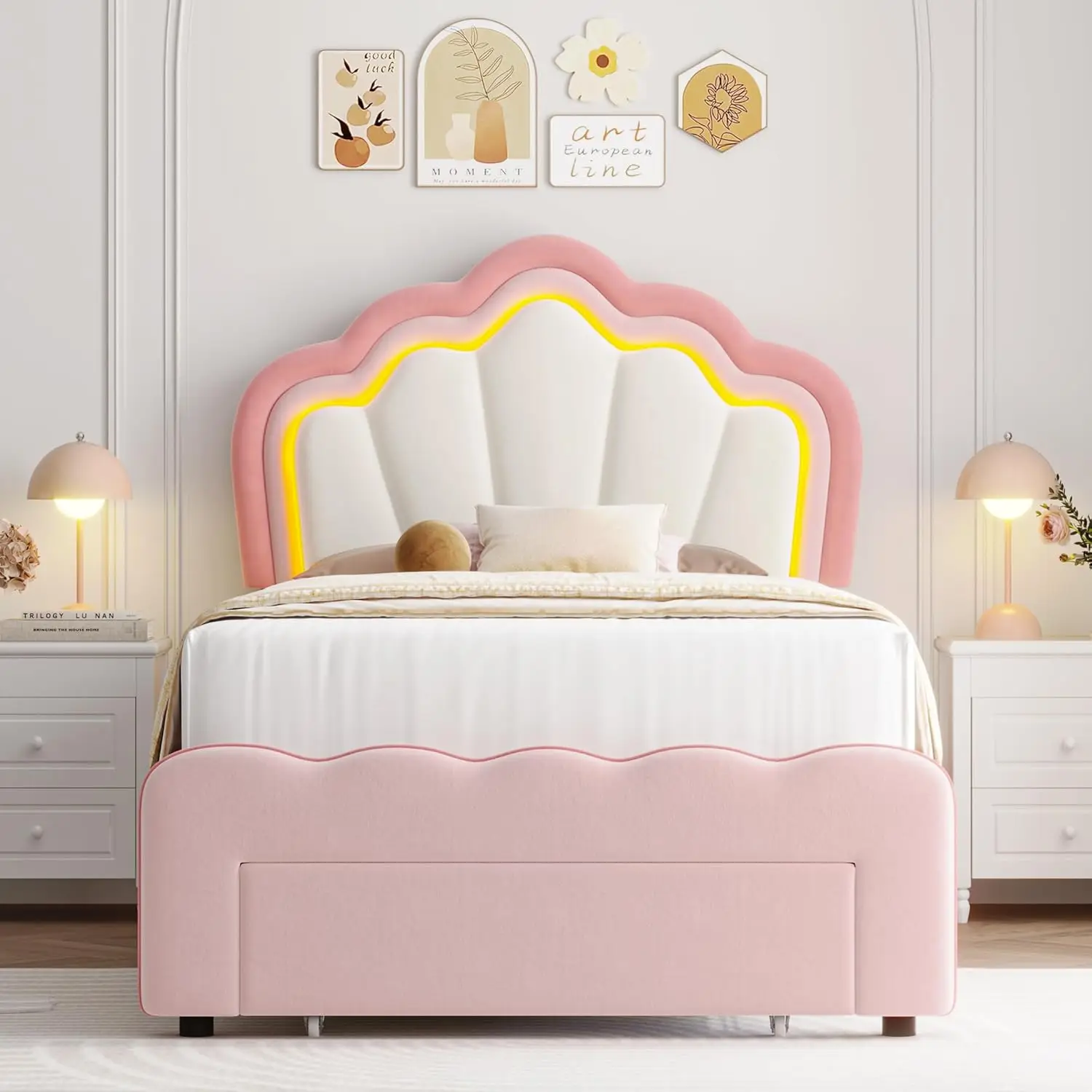 Dubbel Gestoffeerd Led Bedframe Met Opberglade, Schattig Meisjesbed Met Verstelbaar Lotushoofdeinde, Fluwelen Prinses Plateaubed