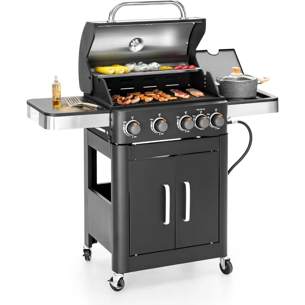 Combo de parrilla y plancha de gas propano de 4 quemadores con quemador lateral, parrilla 2 en 1 y rejillas de hierro fundido esmaltado con porcelana, 4