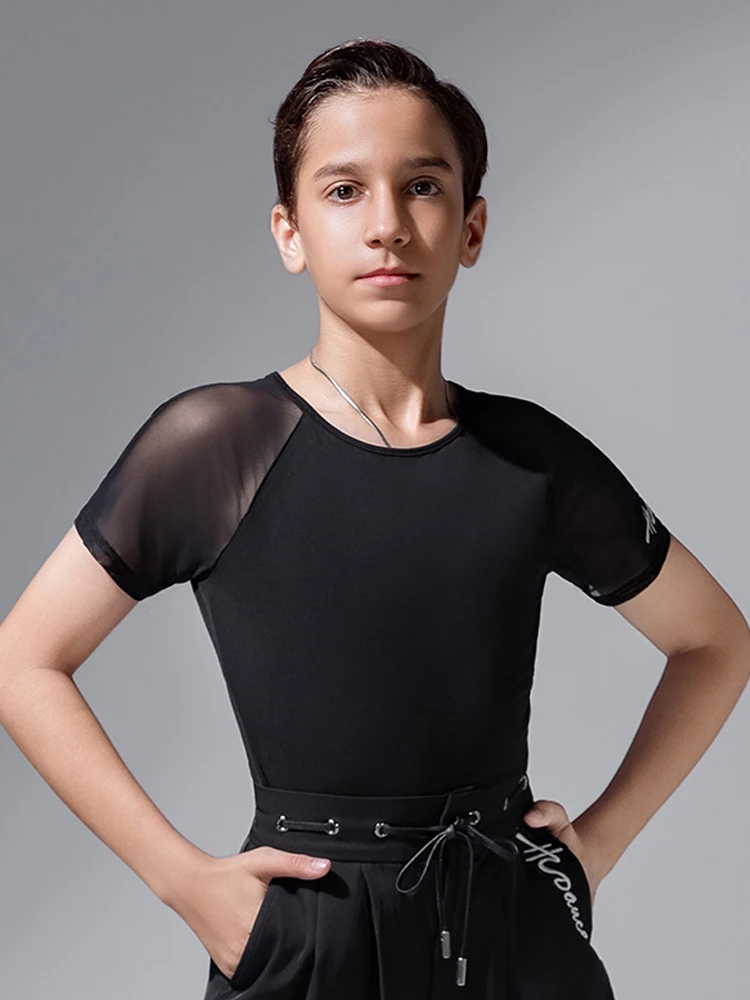 2025 Nieuwe Latin Dance Tops Voor Jongens Korte Mouwen Oefenkleding Kinderen Chacha Rumba Tango Latin Dansvoorstelling Slijtage DQS 20469