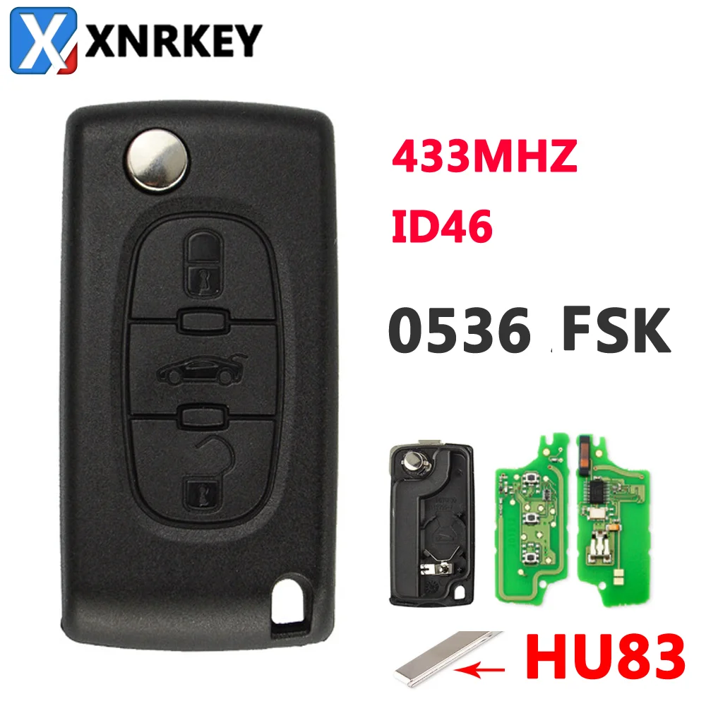 

XNRKEY 3Buttons Car Keyless Entry Case Flip Folding Remote Key For Peugeot Citroen Blade HU83 0536 FSK 433MHz with ID46