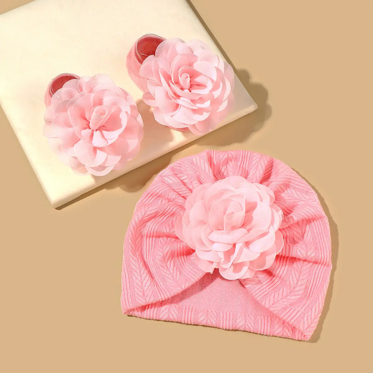 2pcs Newborn Baby Hat Set Spring Baby Girl Boy Turban Hat With Socks Flower Infant Beanies Cap Girl Headwraps Accessories