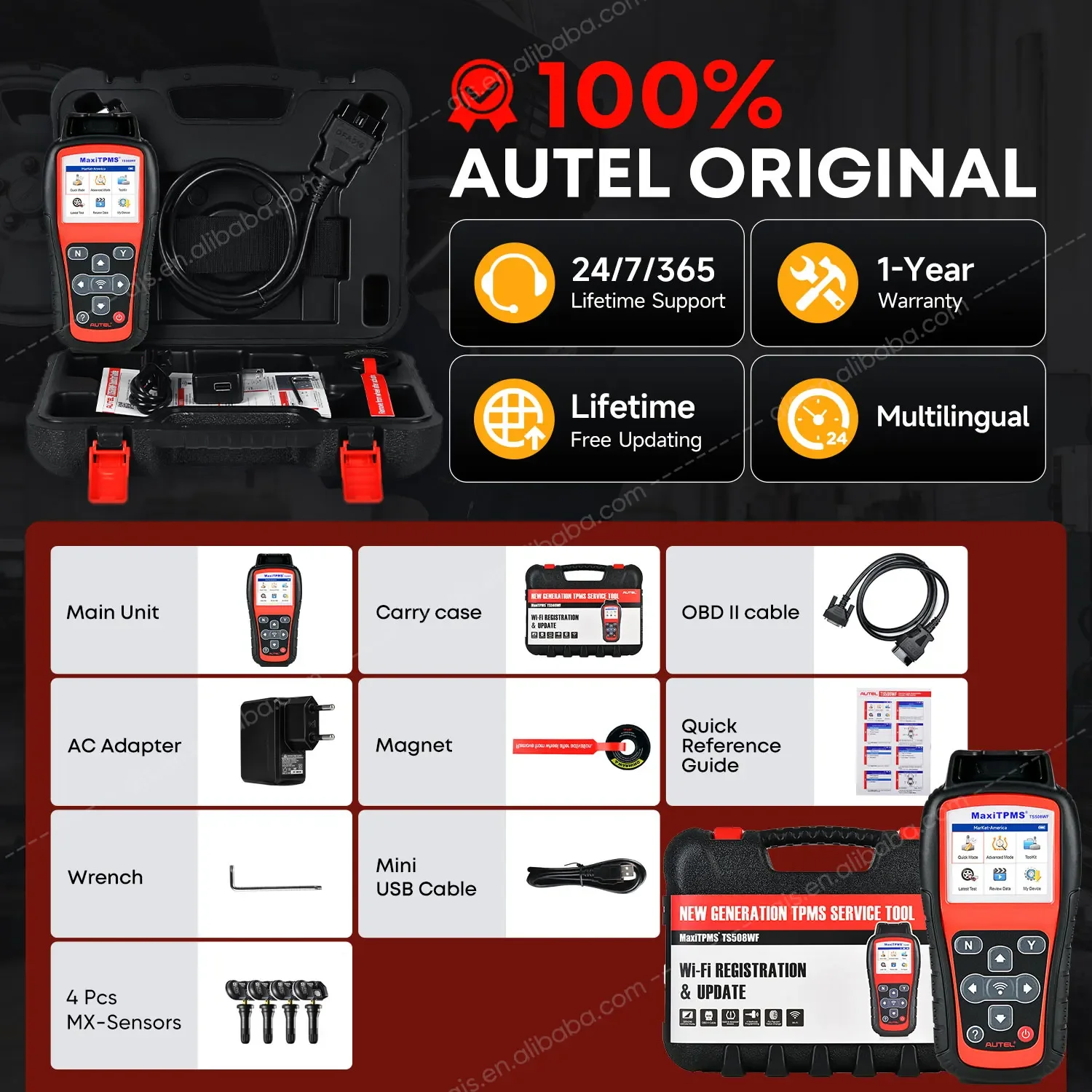 Autel TS508WF TPMS Car Diagnostic Tool 4 MX Sensor Tire Pressure Monitoring OBD2 Scanner Altar TS508 With WIFI Function