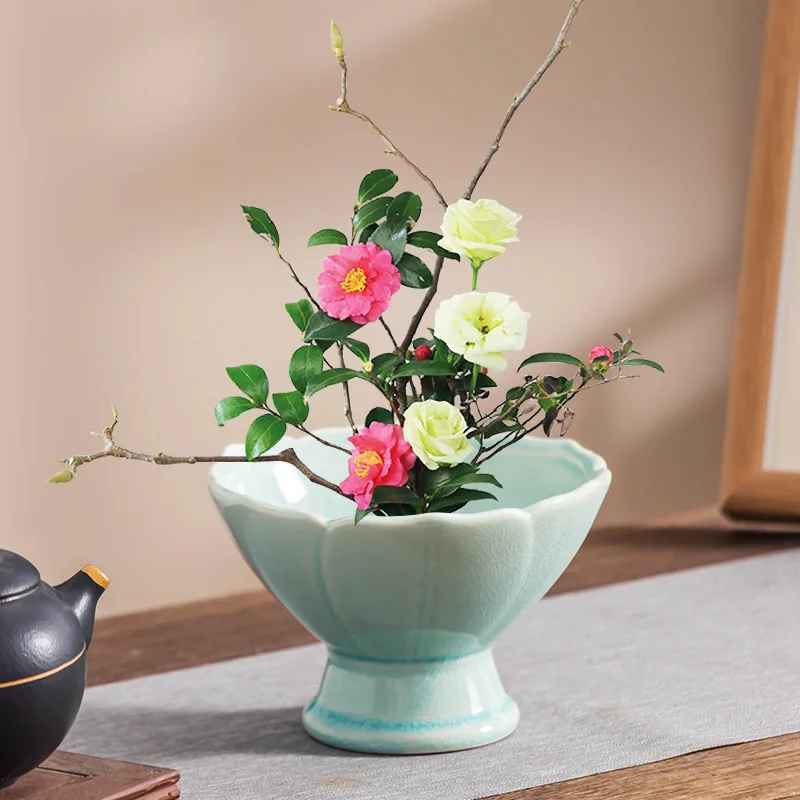 Simple Jian Shan Flower Arrangement Vessel Chinese Zen Flower Pot Home Use Ge Yao Crackle Ceramic Tray