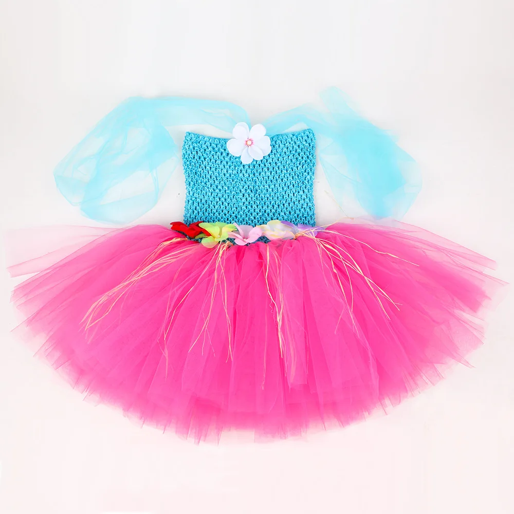 Theeper Summer Grass Pink&Blue Tutu Dress Floral Mesh Layer Costume Bonfire Stage Performance Tropical Carnival Dress Up Attire