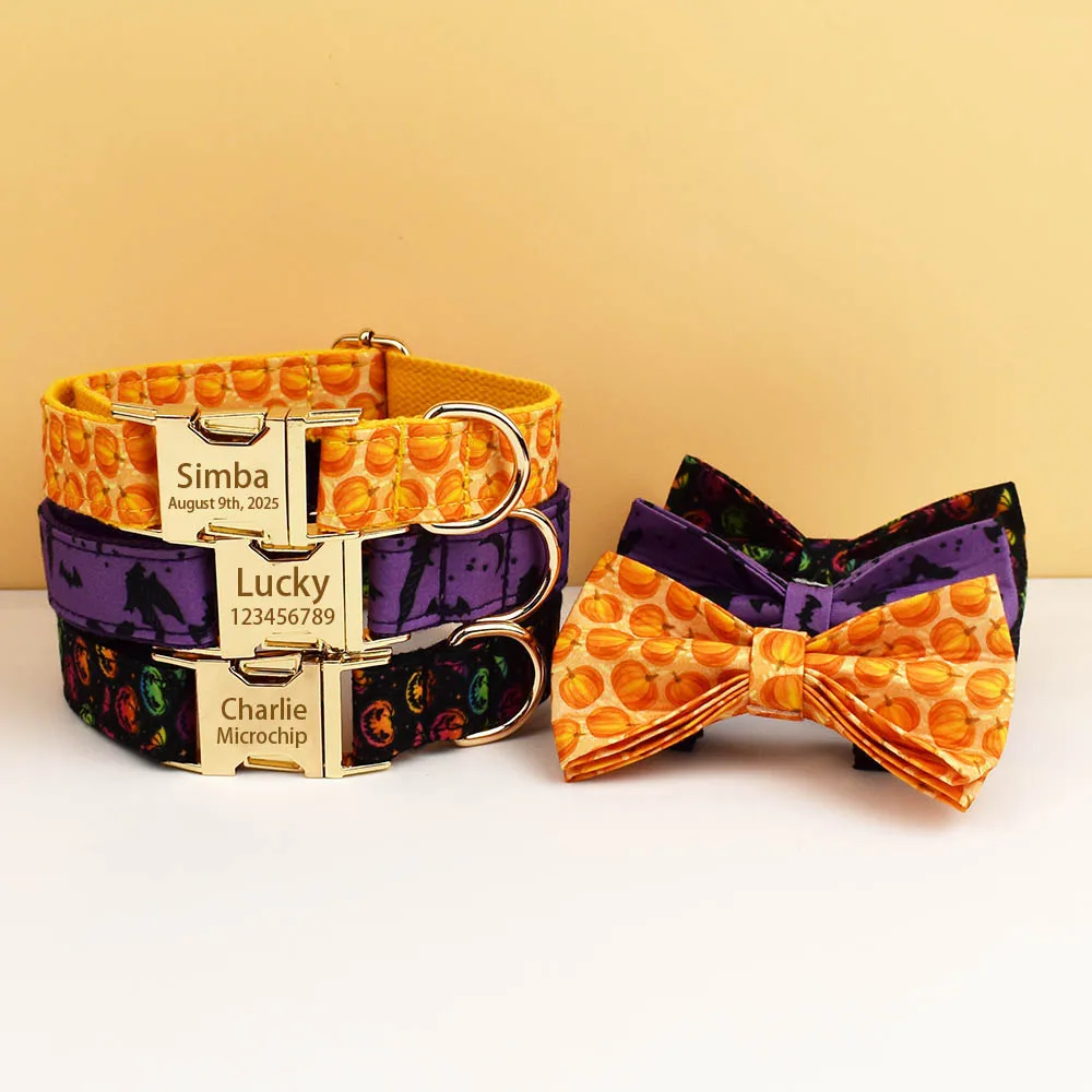 Halloween Verstellbares Hundehalsband mit Gravur-ID-Anhänger für Kleine, Mittlere und Große Hunde Personalisiertes Namensschild Welpen-Leinenset