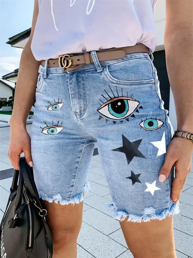 

Women's Denim Shorts 2024 Summer New Devil's Eye European And American Abstract Print Casual Plus-Size Denim Shorts