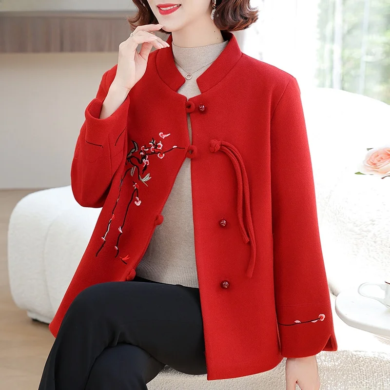 

Новое модное шерстяное пальто 2024 года для мам и женщин среднего возраста, в традиционном китайском стиле, вязаный топ в национальном тренде