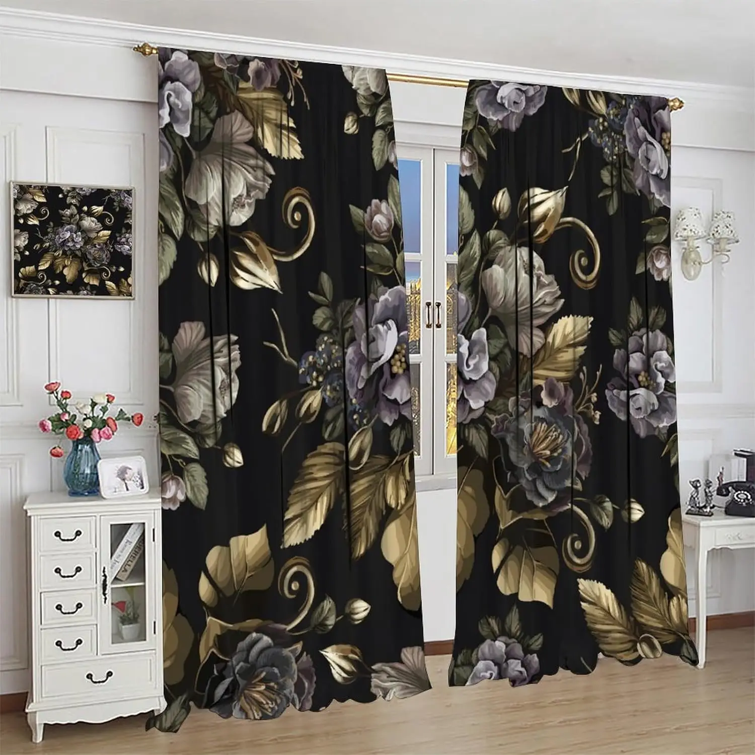 

Boho Floral Curtains Rustic Bohemian Flower Colorful Black Gold Leaf Art Printed Blackout Window Drapes for Bedroom Living Room