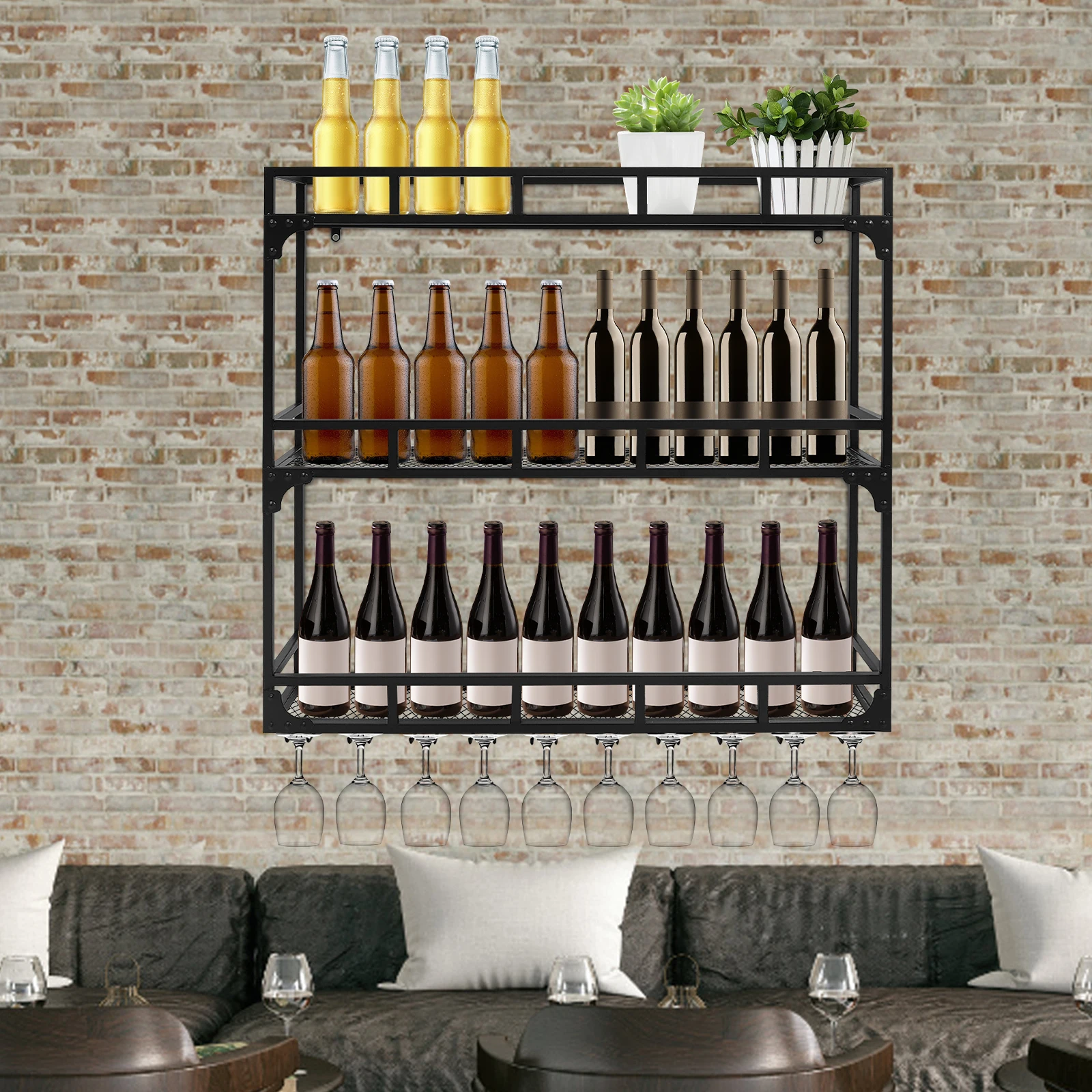 Wall Mounted Wine Rack Metal Bar Bottle Display Shelf Wine Cups Hanging Holder For Home Bar Cafe Dining Room Decoration