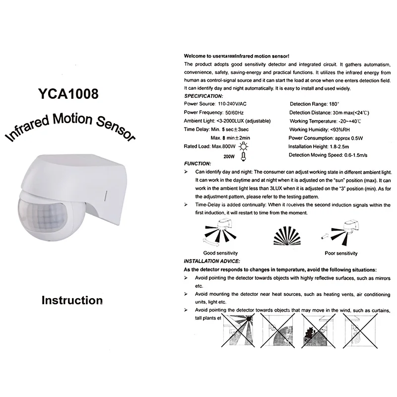 Minuterie extérieure rotative avec capteur de mouvement, détecteur de mouvement, capteur PIR infrarouge automatique, interrupteur d'éclairage, résistant à 180, 110V-230V