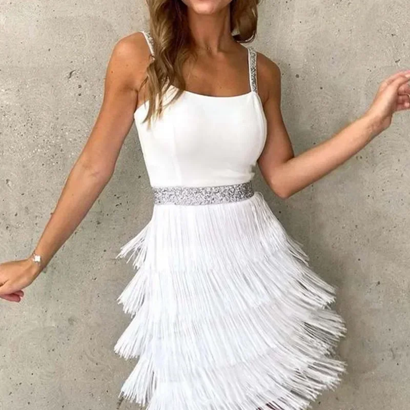 

Women's Dresses New Tassel Sexy Low Cut Suspender Sleeveless Midi Party Dress 2024 Summer Fashion