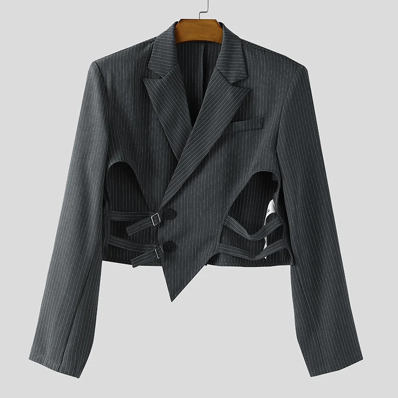 

INCERUN мужской нерегулярный пиджак в полоску с лацканами и длинными рукавами, мужской костюм, уличная одежда на пуговицах, 2025 г., модный повседневный укороченный пиджак