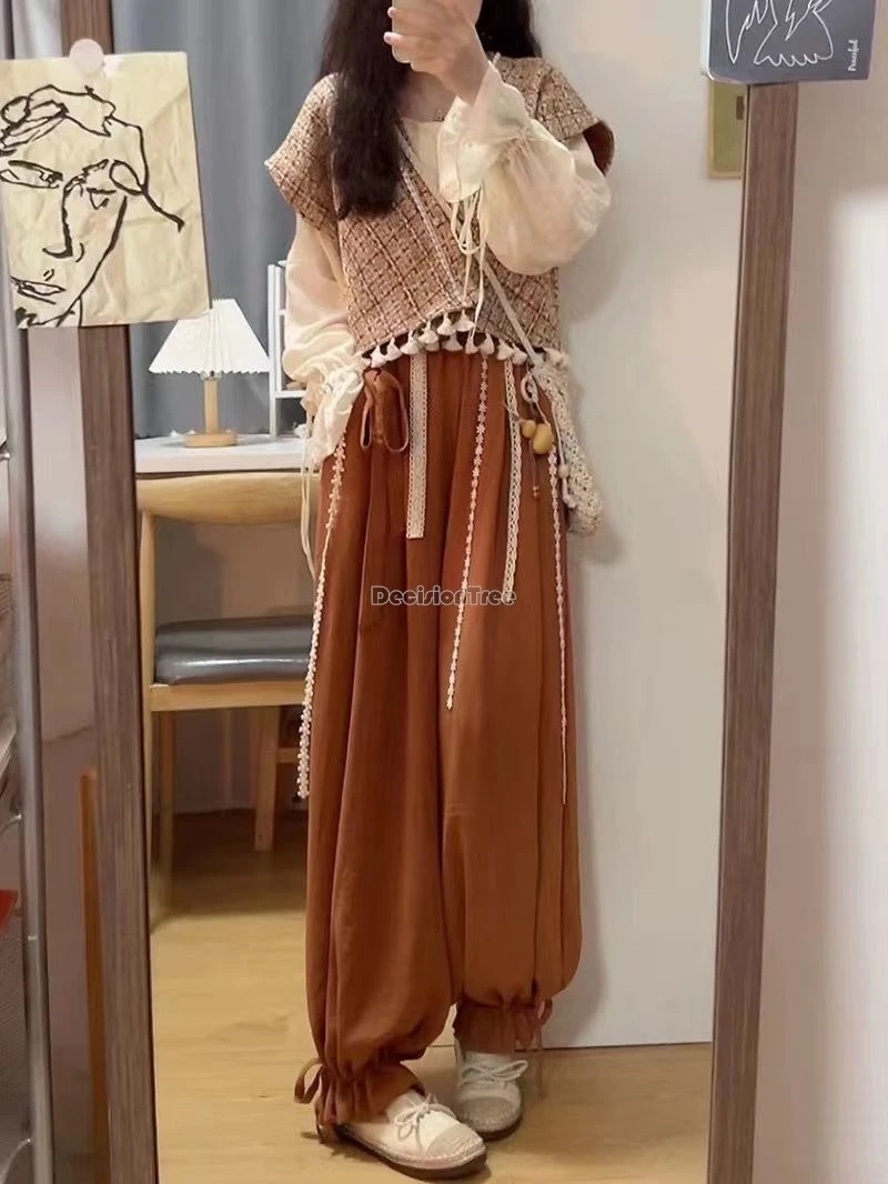 2024 daily retro improved chinese elements three-piece loose hanfu set women national fringe vest + shirt + bloomers set w703