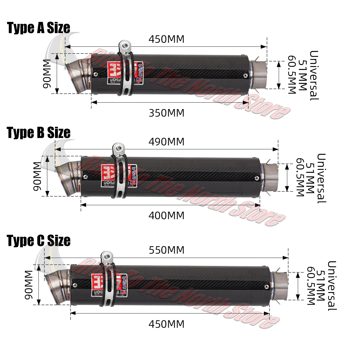 550mm-450mm Titaniium Alloy Carbon fiber Yoshi Exhaust Muffler Escape for Motorcycle Exhaust Tail Pipe 51mm-60mm Inlet Universal