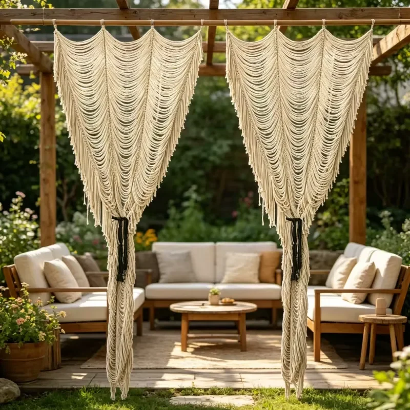 Handmade Macrame Curtain Boho Cotton Woven Tassel Wall Hanging for Outdoor Patio Wedding Backdrop Decor