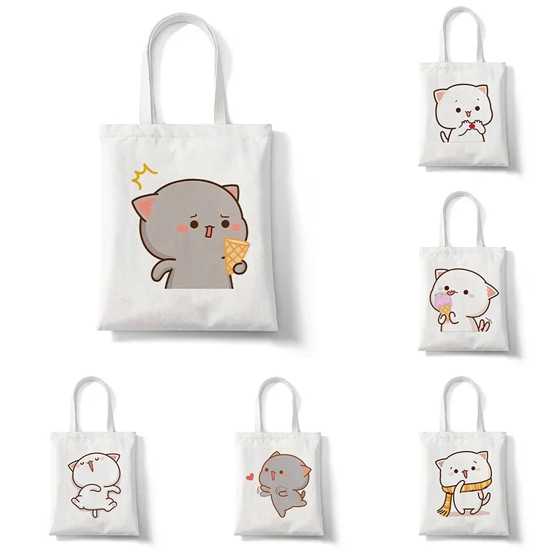 Peach and Goma Mochi Cat Love Print Shopping Bags for Women Canvas Tote Bags Handbag Reusable Cartoon Shopping Bag Female