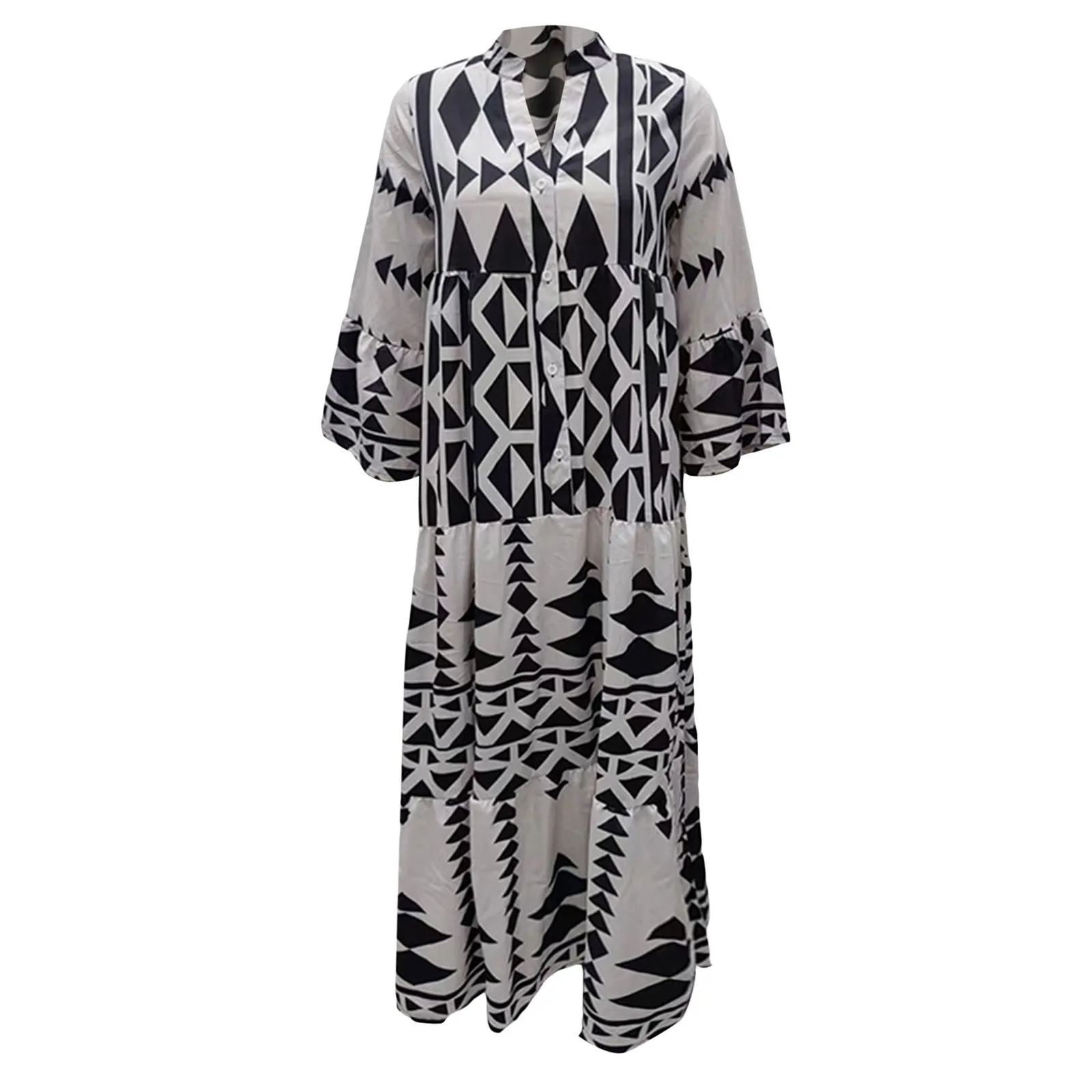 فستان طويل بأكمام طويلة برقبة حرف V للنساء ، نمط بوهيمي ، فستان فضفاض ، زر ، طباعة كلاسيكية ، عطلة صيفية ، موضة جديدة