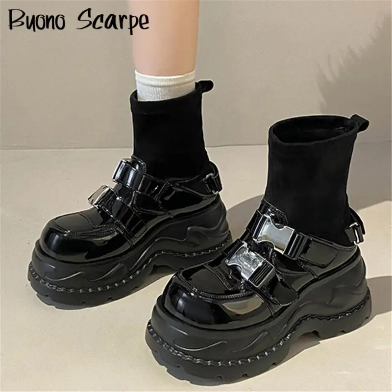 

Punk Style Metal Decoration Belt Buckle Round Toe Thick Sole Platform Chunky Heels Women Boots Slip On Fashion Y2K Western Shoes