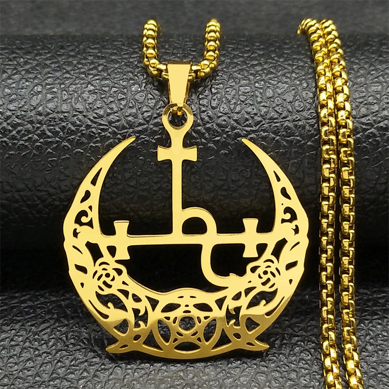 Wicca Triple Moon Crescent Pentagram Pedant Necklace For Women Men Stainless Steel Gold Color Satan Lilith Demon Seal Jewelry