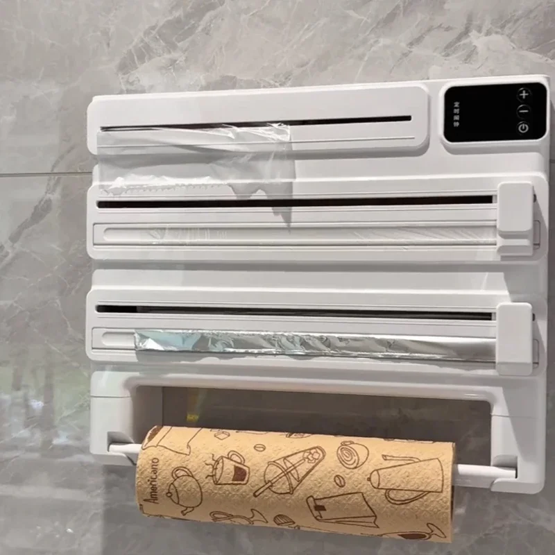 Multifunctional kitchen Household non-punching wall-mounted plastic wrap tinfoil cutter Roll paper holder Timed model