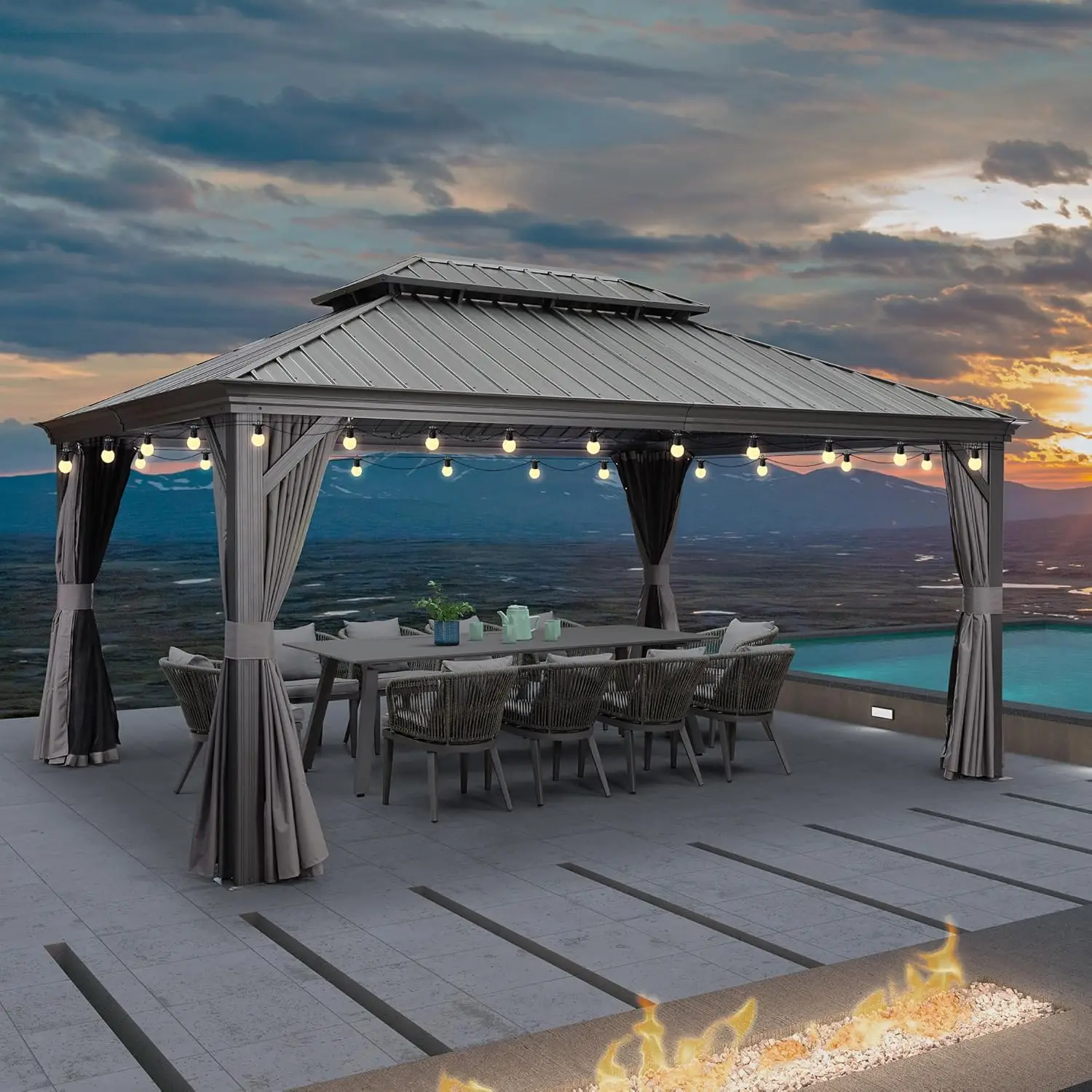 

12' X 16' Permanent Gazebo with Light Hardtop Roof for Outdoor Lawn and Garden Pavilion Grey