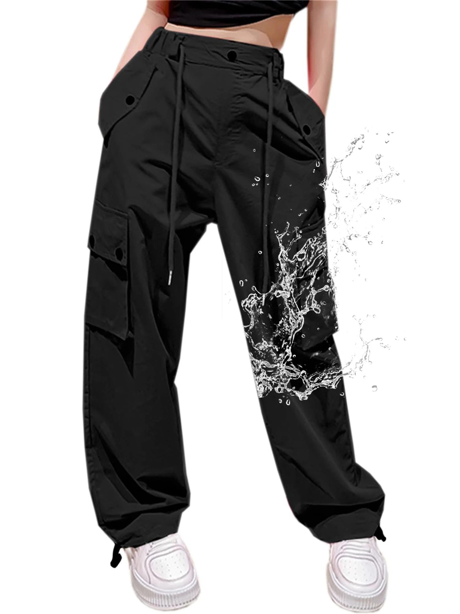 Women Waterproof Paratrooper Cargo Pants Elastic Drawstring Waist Multi Pockets Baggy Hiking Trousers for Outdoor Camping