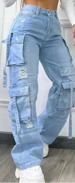 Women Denim Trousers Fashionable Solid Color Versatile Multi-pocket Casual Pants Ladies Large Size High Waist Denim 2025