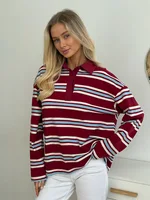 Wolfeel  Women's Vintage Inspired Retro Striped Polo Collar Oversized Drop Shoulder Long Sleeve  T-Shirt Trendy  Casual Top - Image 2