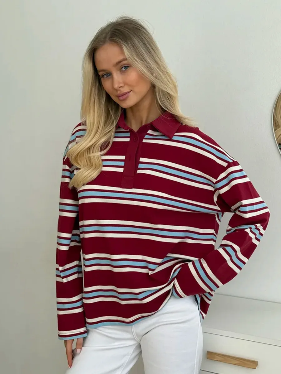 Wolfeel  Women's Vintage Inspired Retro Striped Polo Collar Oversized Drop Shoulder Long Sleeve  T-Shirt Trendy  Casual Top