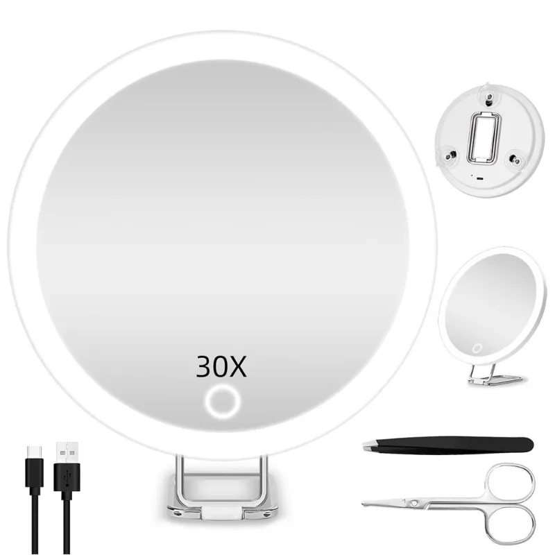 6 Inch Magnifying Mirror with Light 5-30X Portable Travel Magnified Mirror with 360° Adjustable Stand and Suction Cup