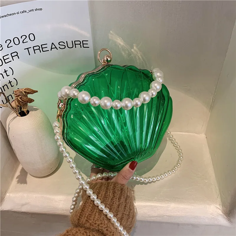 2026 Women Acrylic Shell Clutch Bag Transparent Candy Color Pearl Bead Chain Handbag Clip Frame Evening Party Crossbody Purse view 3