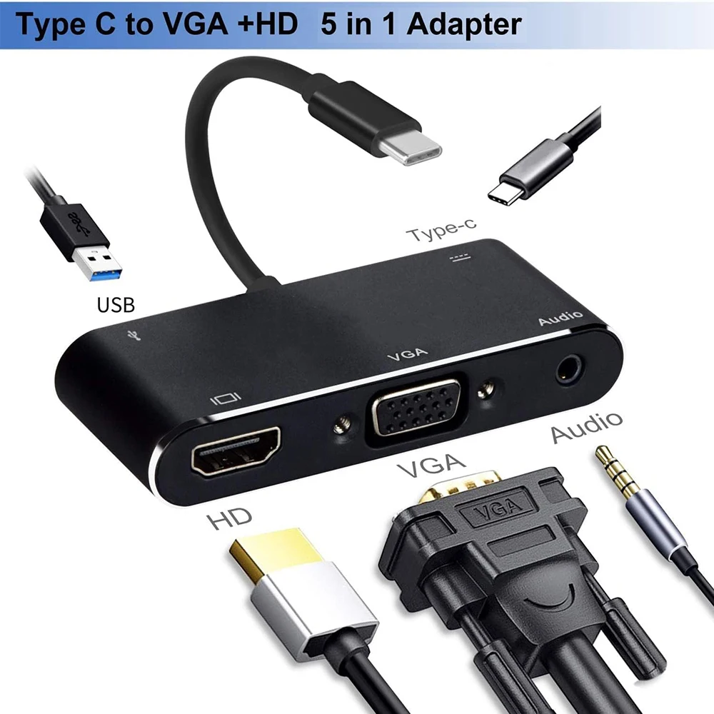 

USB C 5in1 Hub Thunderbolt 3 Type-C to HD VGA Display USB3.0 3.5mm Jack Adapter Cable with PD Charging Port for Macbook Ipad Pro