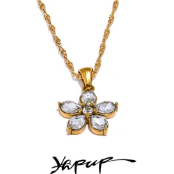 Yhpup Bling Cubic Zirconia Flower Pendant Necklace High Quality Stainless Steel Sweet Fashion Trendy Stylish Jewelry Waterproof