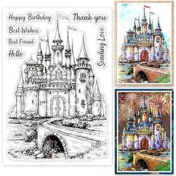 1 Sheet Vintage Castle Background Clear Stamps Retro Castle Blessings Words Silicone Stamp Seals for Cards Making 16x11x0.3cm