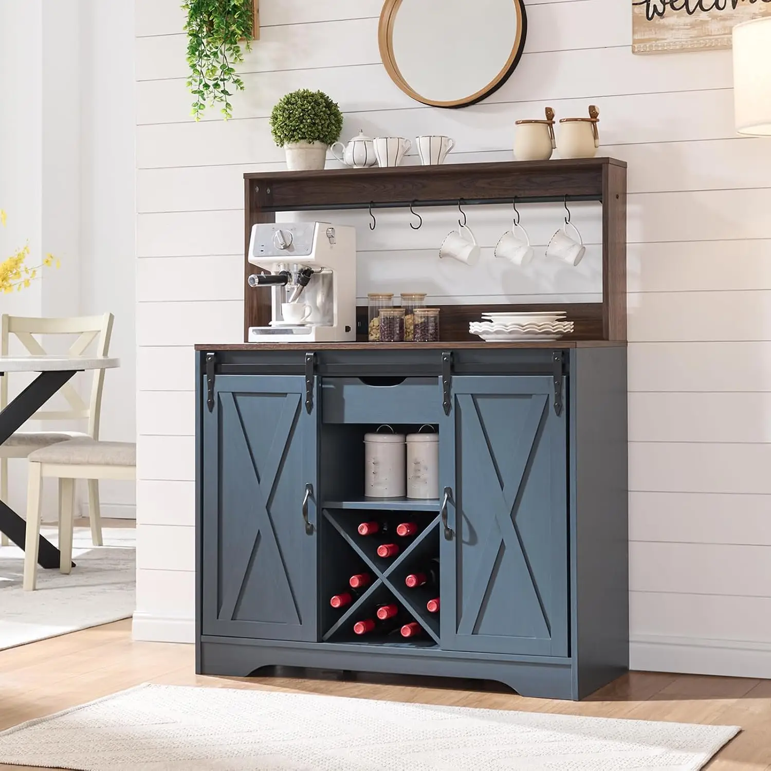 Coffee Bar Cabinet w/ Charging Station & USB, 39in Hutch Sideboard w/ Sliding Barn Door, Storage Cabinet for Dining , Customized