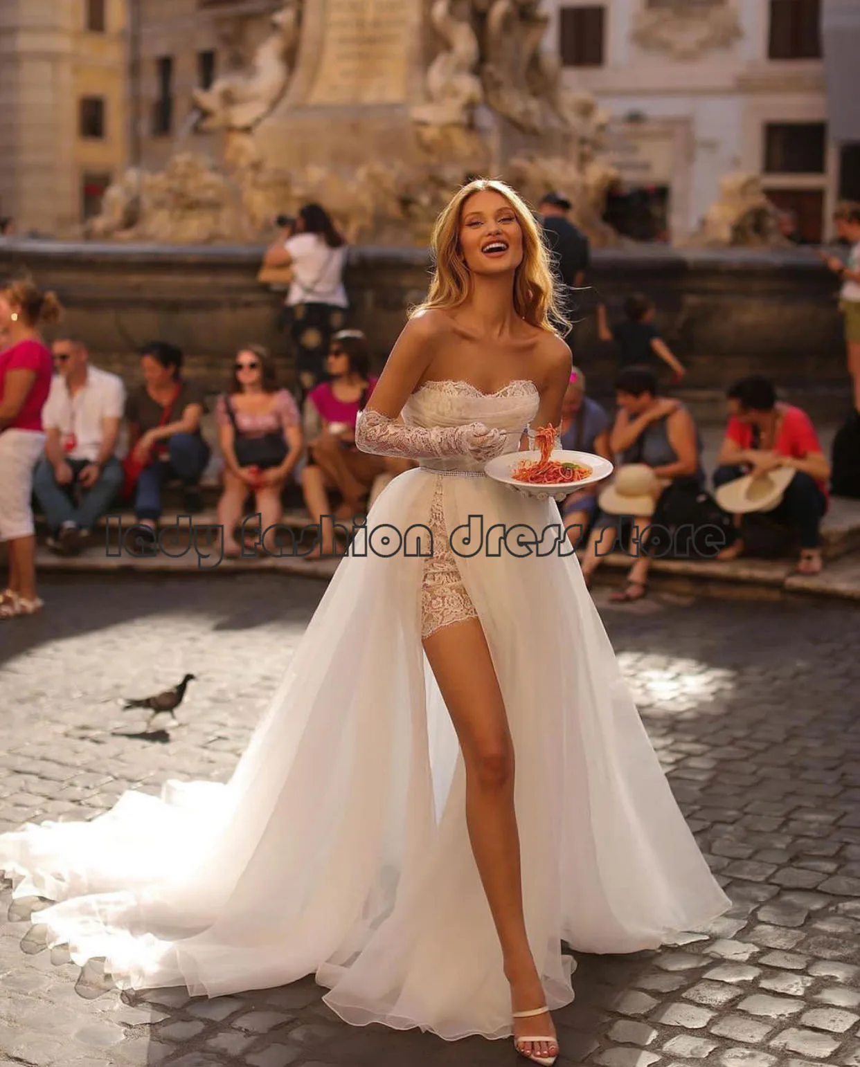 

Mermaid Sweet Heart Wedding Dress Tulle A-Line With Short Skirt Strapless Customsize Made Robe Party Gown