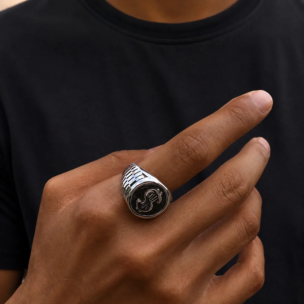 Dollar Sign Ring For Men Silver Color Round Face Signet Ring Engraved Pattern Jewelry Money Symbol Rings