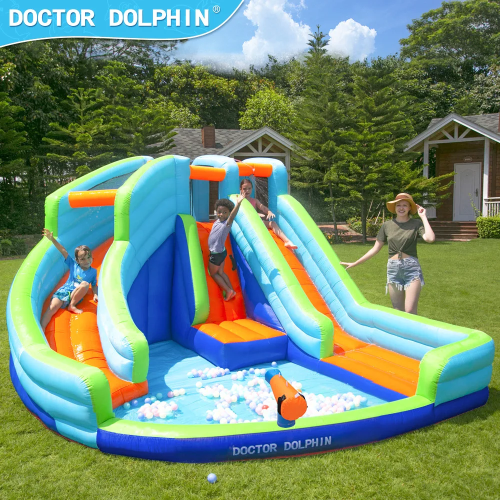 Doctor Dolphin tobogán acuático inflable al aire libre castillo saltador combinación de casa de rebote de pulverización de agua inflable al aire libre con soplador
