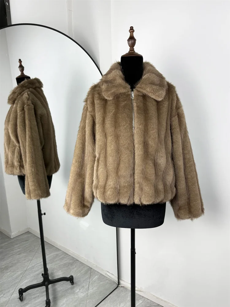 معطف سترة من الفرو الصناعي الفاخر من Tossy للنساء مع طية صدر السترة وسحاب متباين وأكمام طويلة معطف عالي الخصر ملابس خارجية من الفرو الصناعي للسيدات #6